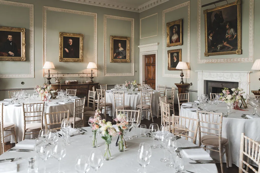 The dining room dressed for a wedding